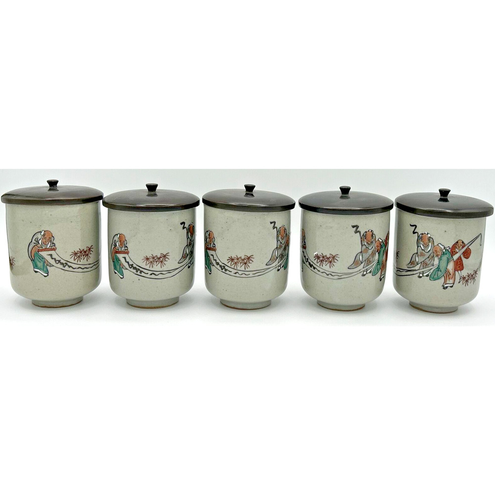 Vintage Japanese Pottery Ceramic Cups Painted with Lids Set of 5 U133